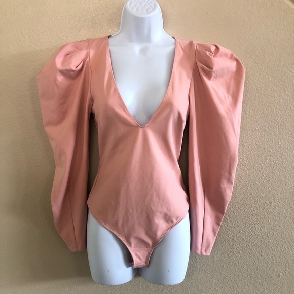 Free People Intimately Va Va Voop Deep V-Neck Puff Long Sleeves Bodysuit Sz XS - Picture 2 of 14